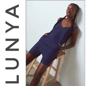 NWT LUNYA Cool Cotton Short Sleeveless Loungewear Romper Deep Blue